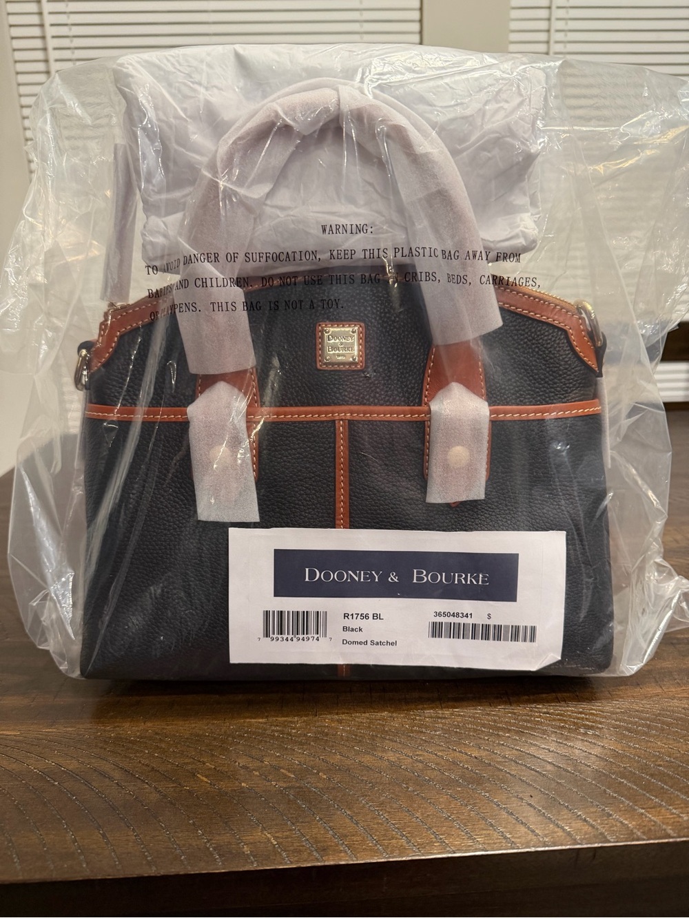 Dooney & Bourke Black Pebble Leather Dome Satchel with Brown Trim